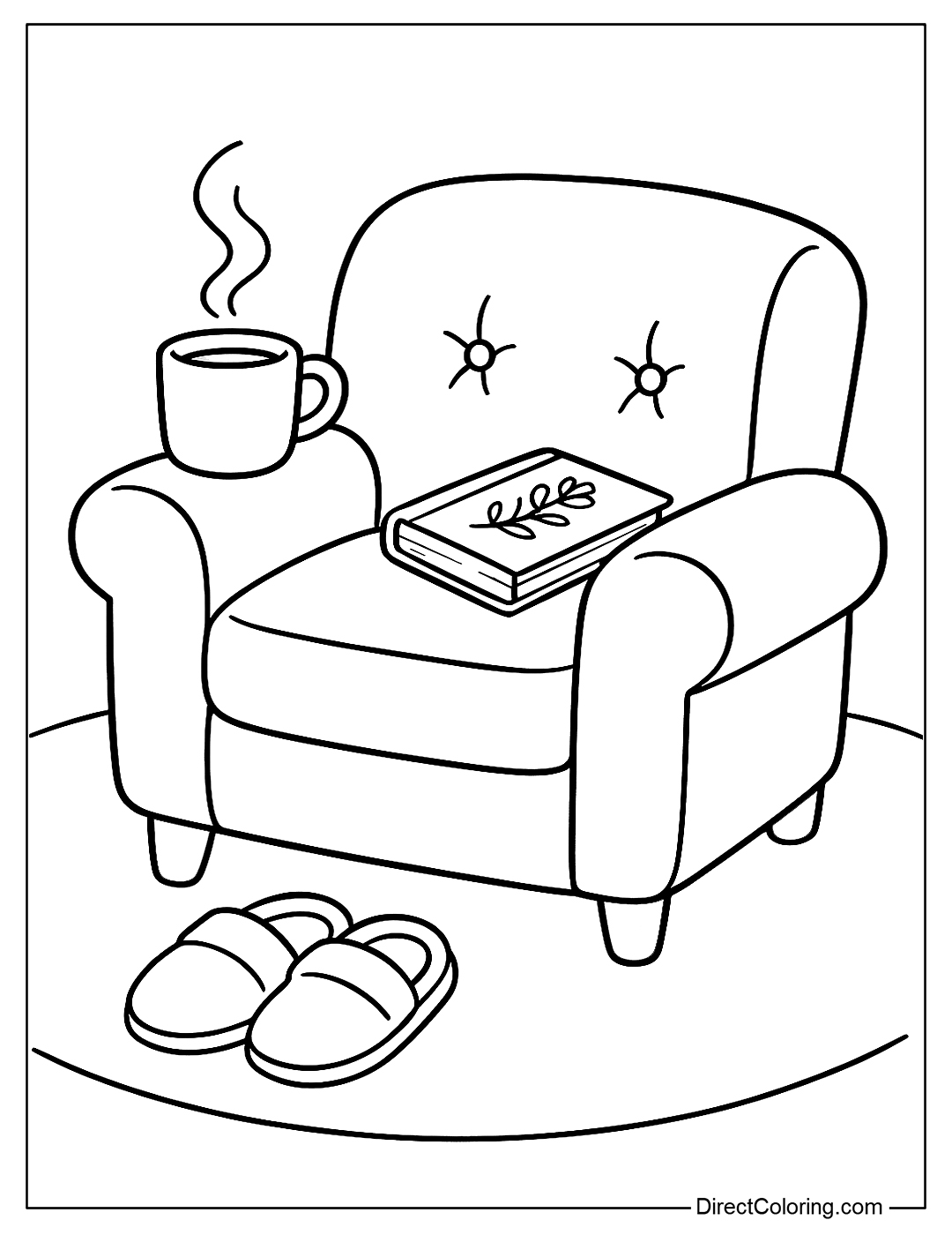 Dad's favorite chair coloring page with a coffee cup, books, and slippers
